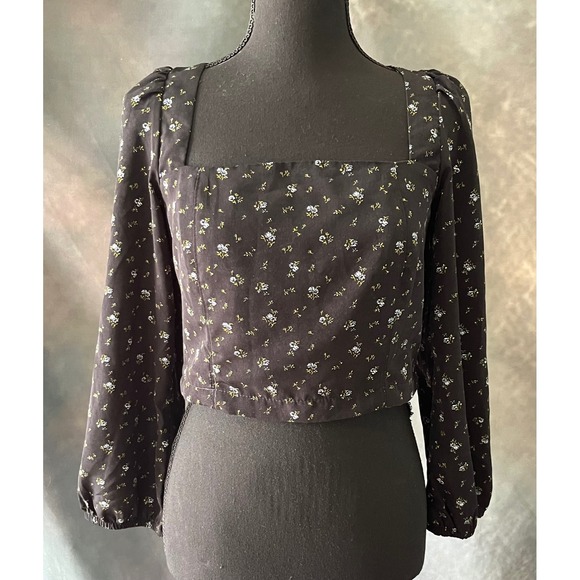 Levi's Floral Print Crop Top Square Neck Long Sleeve Tie Back Blouse - Picture 1 of 8